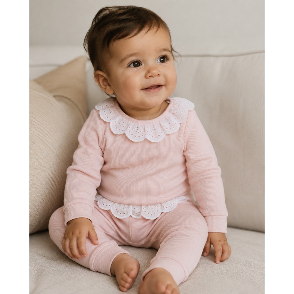 NEW 7 For All Mankind Baby Girls 2 Piece Set Ribbed Eyelet Lace Pink 6-9m